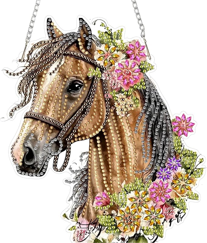 SENQAO Horse Hanging Diamond Art Painting Kits for Adults Beginners, 5D Special Shape Diamond Art Kits, Flower Crystal Rhinestones Diamond Gem Art Painting for Home Garden Wall Decor