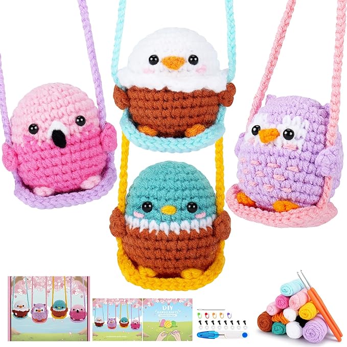 Crochet Kit for Beginners -4 PCS Bird Crochet Kits with Step-by-Step Video Tutorials, Beginner Crochet Kit for Adults, Crochet Birds On The Swings(Mallard Bald Eagle Flamingo Owl)