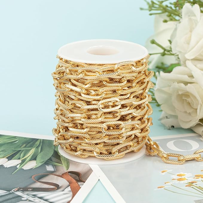 YOUBEIYEE 16.4 Feet Gold Necklace Chain for Women Embossed Paperclip Chain Roll Gold Plated Aluminum Jewelry Chains Bulk