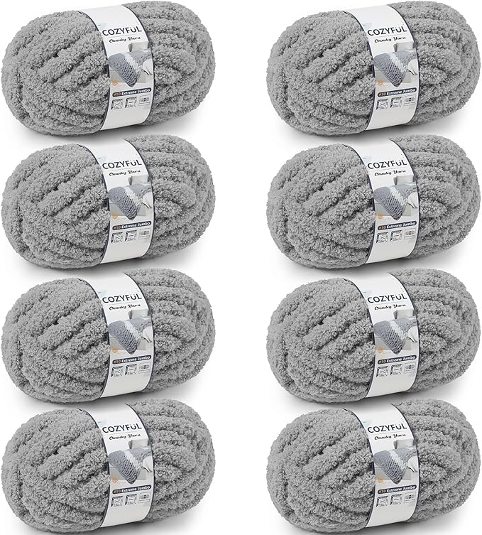 Chunky Yarn for Hand Knitting - #10 Chunky Chenille Yarn, Jumbo Big Thick Chunky Yarns for Crocheting, Super Bulky Chunky Knit Blanket Yarns, 8 Skein (25 yds 8 oz Each Skein), Light Grey