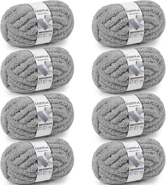 Chunky Yarn for Hand Knitting - #10 Chunky Chenille Yarn, Jumbo Big Thick Chunky Yarns for Crocheting, Super Bulky Chunky Knit Blanket Yarns, 8 Skein (25 yds 8 oz Each Skein), Light Grey