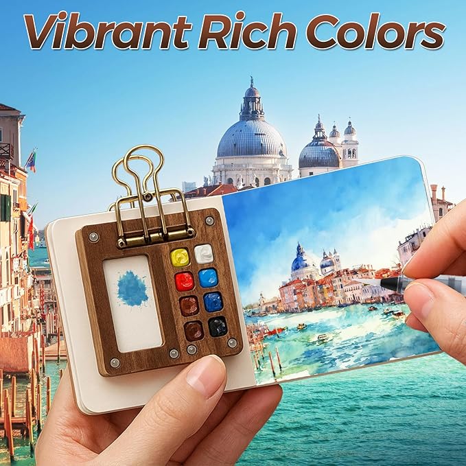 Joyzan Mini Watercolor Travel Paint Set, Portable Water Color Painting Pocket Kit Artist Watercolour 12 Colors 8 Grids Palette Binder Clips Sketchbook Pens Painter Beginner Sketchers Outdoor Student