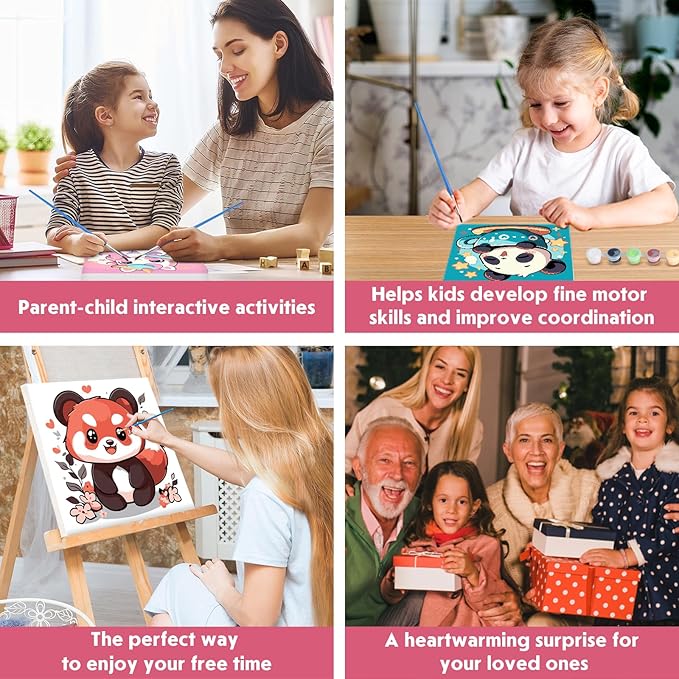 4 Pack Paint by Numbers for Kids with Wooden Framed, Cute Cartoon Unicorn, Panda, Frog, Paint by Number Kits on Canvas for Beginner, Acrylic Oil Painting Kits for Home Decor 8x8 inch, Kawaii Animals