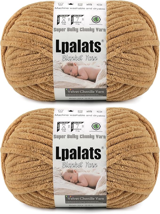 Baby Blanket Yarn for Crocheting - 2 Pack of 300g (Total 600g/21.2oz) Super Fluffy Chunky Chenille Yarn for Hand Knitting, 230 yds Super Bulky Plush Yarn for Cozy Blankets and Amigurumi (2, Curry)
