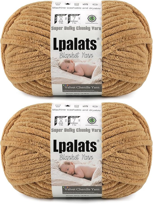 Baby Blanket Yarn for Crocheting - 2 Pack of 300g (Total 600g/21.2oz) Super Fluffy Chunky Chenille Yarn for Hand Knitting, 230 yds Super Bulky Plush Yarn for Cozy Blankets and Amigurumi (2, Curry)