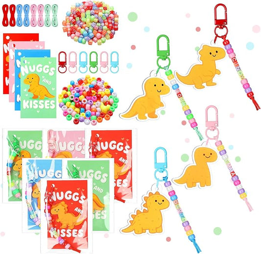Suncalla 984 Pcs 24 Set Dinosaur Nugget Keychain Making Kit DIY Valentine's Key Chain Crafts Bead Adjustable Letter Beads Cards Strings Kit Gift Backpack Accessories Party Favors(Cute Color)