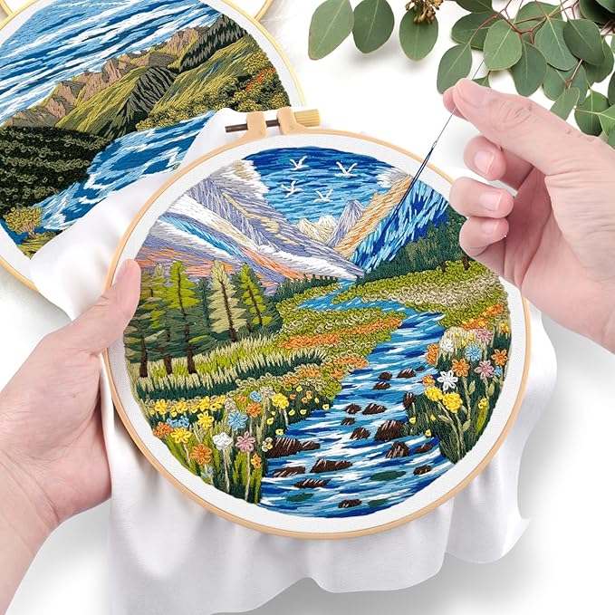 ERKOON 5 Sets Embroidery Kit for Beginners, Butterfly Cross Stitch Set for Include Embroidery Cloth Hoops Threads for Craft Lover Hand Stitch (Landscapes)