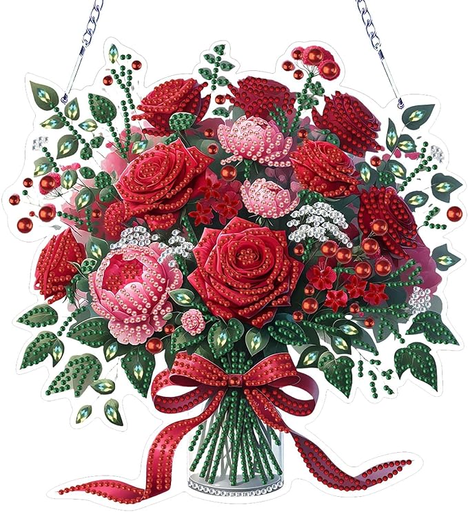 VODAPYC Mother's Day Rose Diamond Art Hanging Kits for Adults, DIY Acrylic Double Sided Special Shaped Diamonds Art Window Pendant Ornament(Red Rose Flower)