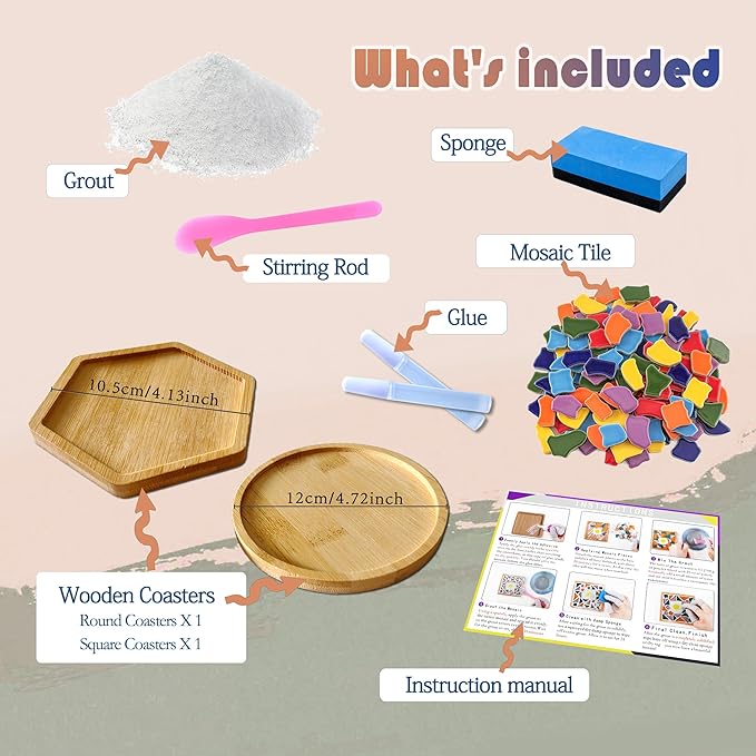 Nuyoach Mosaic Tiles Crafts Kits for Adults,2 Sets DIY Glass Mosaic Craft with Wooden Coaster Making Materials Package for Women Seniors,Ceramic Mosaic Art Bulk Gifts for Home Decor Summer Party