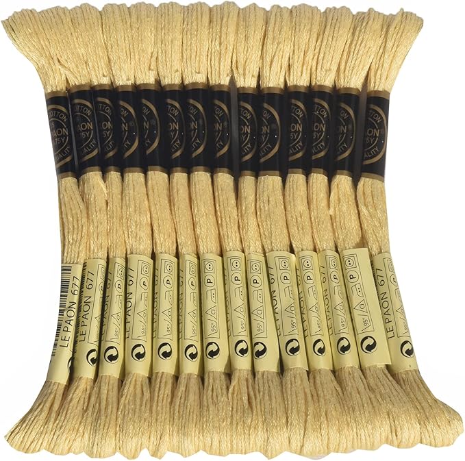 LE PAON Embroidery Floss, 14-Pack Six Strands 100% Long Staple Cotton Embroidery Thread, 8.7-Yard，Color Number：677, Very Light Old Gold