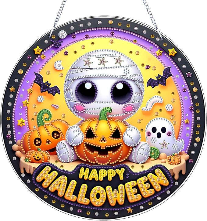 VODAPYC Halloween Ghost Diamond Art Hanging Kit for Adults, DIY Double Sided Special Shaped Diamonds Art Window Pendant Ornament for Home Decor(Happp Halloween)