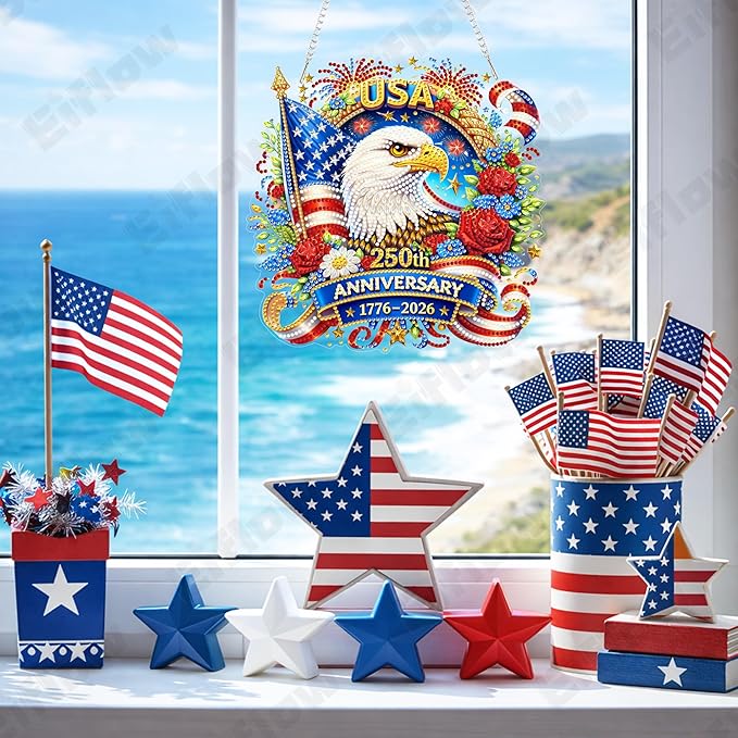 Eiflow Acrylic Diamond Art Hanging Kit for Adults USA Anniversary, DIY Diamonds Painting Door Hanger Board Kit 4th of July, Crystal Patriotic Diamond Art Painting Pendant Ornament (250th Eagle)
