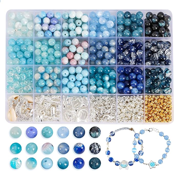 glass beads for jewelry making, 18 colors bead bracelet making kit including 2-8mm bead spacers, blue round beads for diy jewelry making supplies for adults, bracelet necklace earring making kit