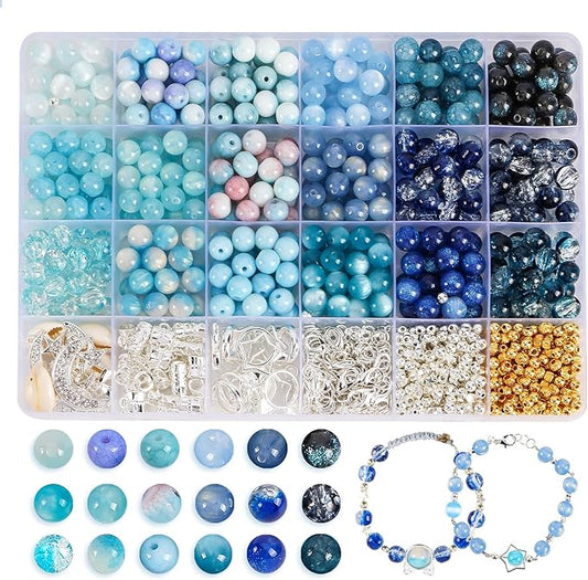 glass beads for jewelry making, 18 colors bead bracelet making kit including 2-8mm bead spacers, blue round beads for diy jewelry making supplies for adults, bracelet necklace earring making kit
