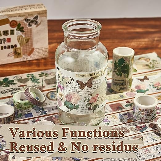 Vintage Washi Tape Set 24 Rolls, Decorative Masking Tape for Junk Journal, Scrapbooking Supplies, DIY Crafting Supplies