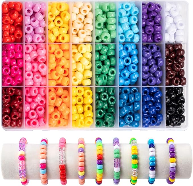 Simetufy 1200Pcs Pony Beads, 24 Colors Kandi Beads for Bracelet Making Hair Braiding DIY Crafts Kandi Jewelry Key Chains Christmas Gifts