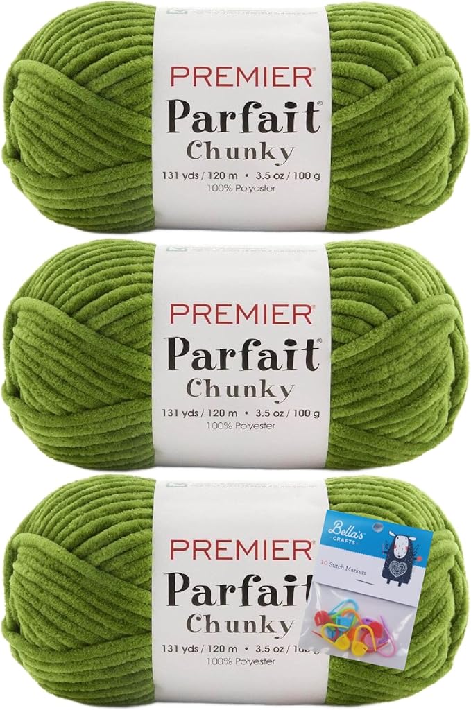 Premier Yarns Parfait Chunky Chenille 3.5 Oz 6 Super Bulky Weight 3 Pack Bundle with Bella's Stitch Place Holders (Goblin)