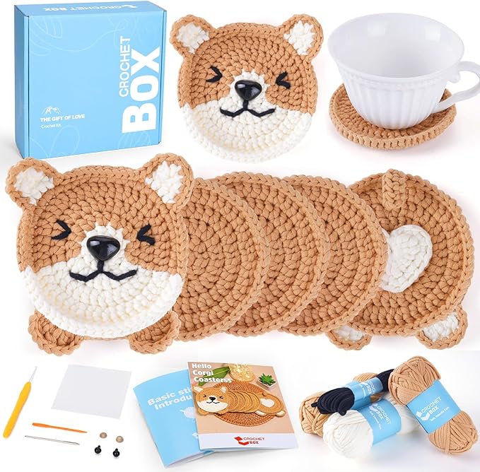 CrochetBox Crochet Kit for Beginners Adults - Corgi Coasters Starters Crochet Kit, Beginners Crocheting Kitting for Adults Teen, Craft Gifts with Crochets Yarns, Hook, Step-by-Step Video, Instruction