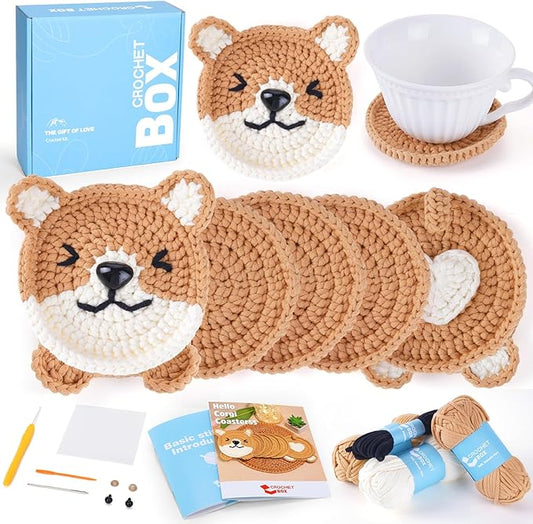 CrochetBox Crochet Kit for Beginners Adults - Corgi Coasters Starters Crochet Kit, Beginners Crocheting Kitting for Adults Teen, Craft Gifts with Crochets Yarns, Hook, Step-by-Step Video, Instruction