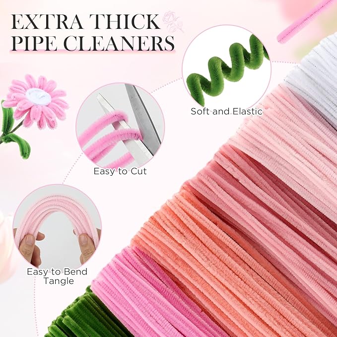 540Pcs Pipe Cleaners Craft, 6 Colors Pipe Cleaners Bulk with 15 Designs Guiding Book, Flower Making Kit with Chenille Stems, Floral Wires & Tape, DIY Bouquets and Party Decorations, (Pink, 12in x 7mm)