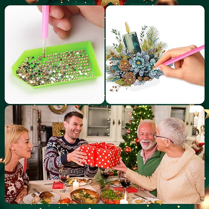 MVVMTOP Christmas Diamond Painting Kits Tabletop Decoration, DIY Candle & Flower, 5D Diamond Art Home Ornament By Number Mosaic Arts Crafts for Home Office Acrylic Tabletop Decor, New Year Gift