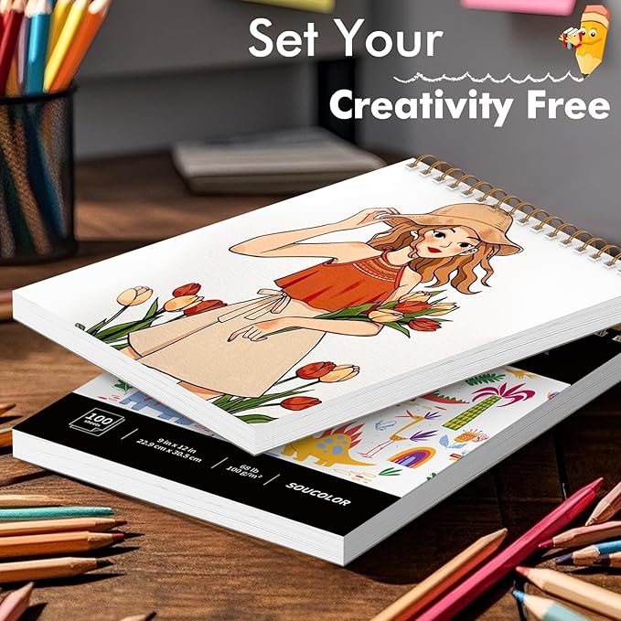 soucolor 9" x 12" sketch book, 100 sheets spiral bound art sketchbook, acid free artist drawing book paper, art supplies for adults, craft activities, sketch paper for drawing coloring sketching