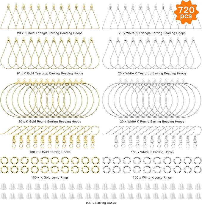 oubaka 720pcs earring making kit earring hoops for jewelry making, with teardrop triangle round beading hoop,earrings hooks,jump rings,earrings backs for diy craft(k gold,white k)
