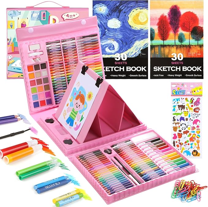 TMOL 237-Piece Kids Art Set with Double-Sided Easel, Watercolor, Oil Pastels, Painting Kits for Kids Ages 4-8, Art Supplies for Girls & Boys, Drawing Sets, Gift for Young Artists-Pink