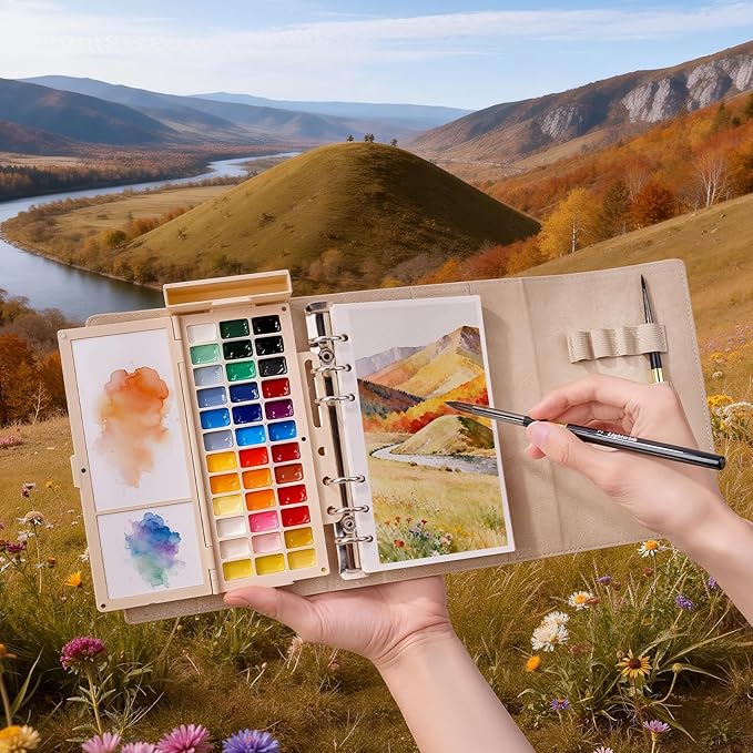 Travel Watercolor Sketchbook Set - 6.7x3.9 in 100% Cotton Cold Press 20 Sheets Binder Art Journal with 36-Well Empty Ceramic Paint Palette & 2 Travel Watercolor Brushes for Artists Outdoor Painting