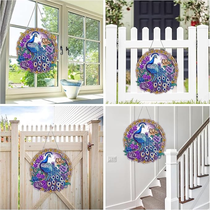 Reofrey Hanging Diamond Art Kits for Adults - 8x8 Inch Peacock Animal Acrylic Board Double Sided Pattern Diamond Painting Suncatcher Pendant, Crystal Art for Home Wall Window Decoration Handmade Gift
