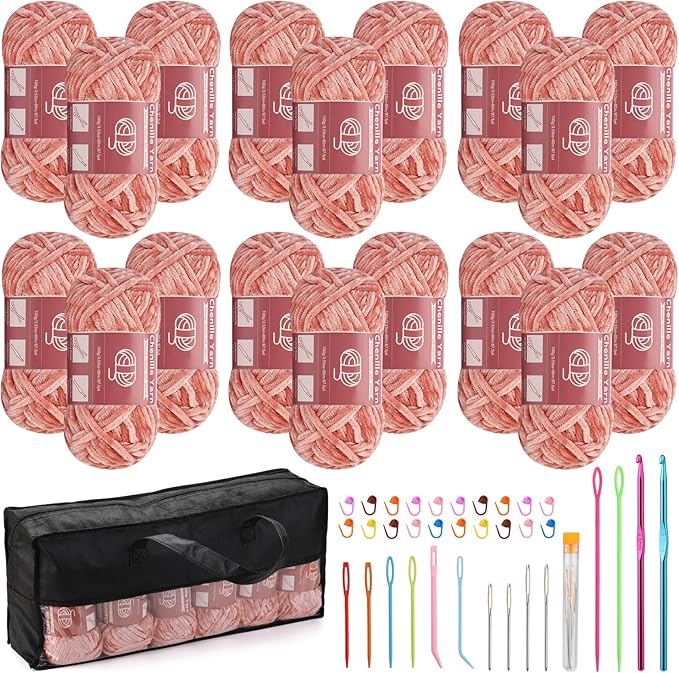 LUNARM 18 Skeins Chenille Yarn for Crocheting, Handmake Weaving Thick Soft Chunky Yarn for Blankets Clothes Crochet Craft with Crochet Hooks Needles Stitch Markers,3.53oz/Skein(Peach Pink)
