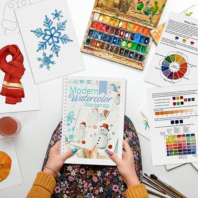 Watercolor Workbook, Watercolor Workbook Paint Book Beginner Friendly, 12 Different Patterns Stress-Relieving Art Crafts for Creative Exploration Gift for Women Adults Teens (Winter, 1)