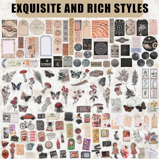 Containlol 600 Pcs Vintage Scrapbook Stickers for Junk Journal Antique Scrapbooking Supplies Aesthetic Decorative Washi Paper Stickers Kit for Bullet Journaling DIY Planner Cottagecore Collage Album