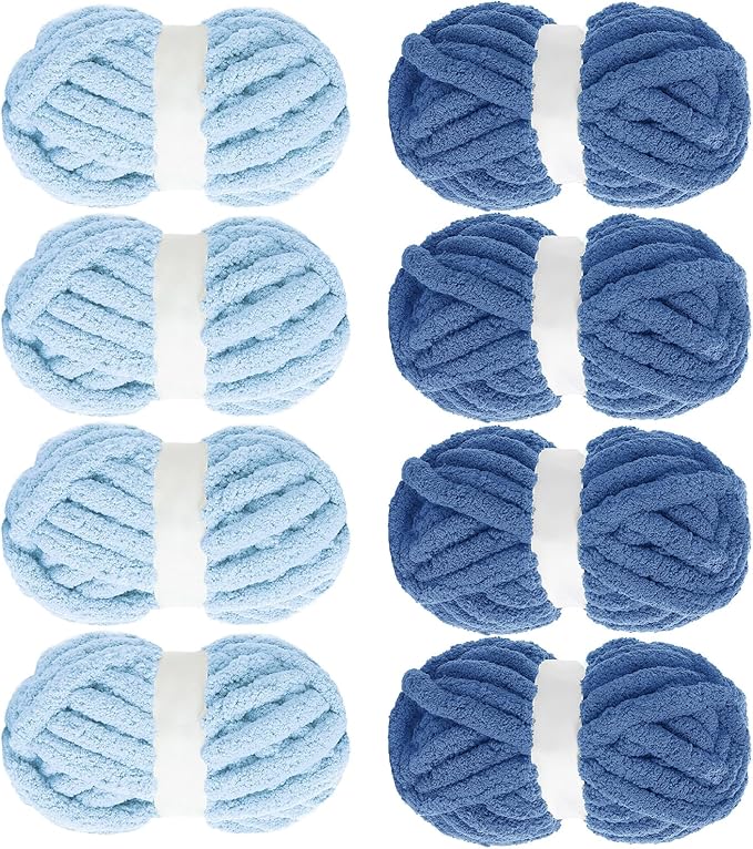 MABOZOO Assorted Chunky Yarn for Crocheting 8 Pack,Fluffy Jumbo Chenille Yarn,Soft Plush Yarn Bulky,Giant Thick Fuzzy Yarn for Hand or Arm Knitting,Country Blue & Sky Blue(31.7 yds,8 oz Each Skein)