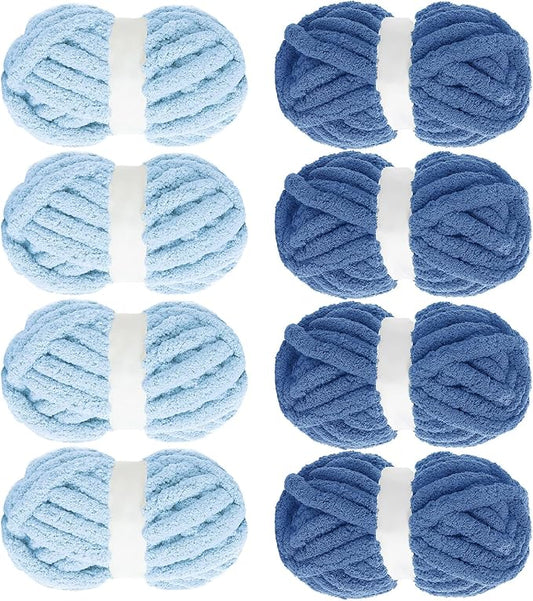 MABOZOO Assorted Chunky Yarn for Crocheting 8 Pack,Fluffy Jumbo Chenille Yarn,Soft Plush Yarn Bulky,Giant Thick Fuzzy Yarn for Hand or Arm Knitting,Country Blue & Sky Blue(31.7 yds,8 oz Each Skein)