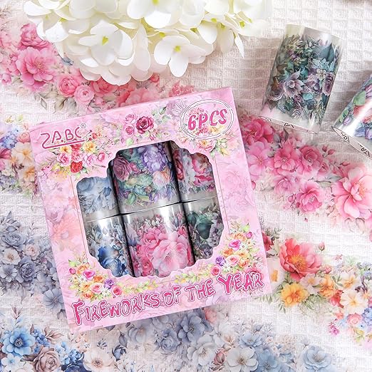 Floral Washi Tape Set, 6 Rolls Wide Aesthetic Decorative Flower Tape for Journaling, Scrapbooking, Bullet Journal, Junk Journal, DIY Crafts and Gift Wrapping (Floral)