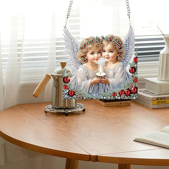 JZHYOAN Diamond Painting Art Hanging Kit Angel DIY Hanging Diamond Craft Pendant Acrylic pendant Ornaments Craft Kits Crystal Arts pendant Wind Chimes with Diamonds Art Window Pendants Craft for Adult
