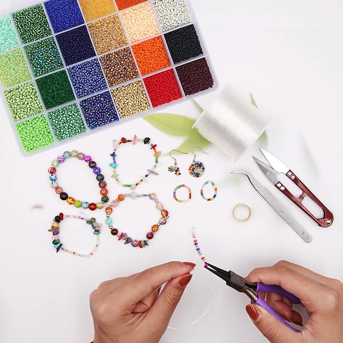 EuTengHao 14400pcs Glass Seed Beads Small Craft Beads for DIY Bracelet Necklaces Crafting Jewelry Making Supplies with Two 0.5mm Clear Bracelet String (600Pcs Per Color, 24 Colors)
