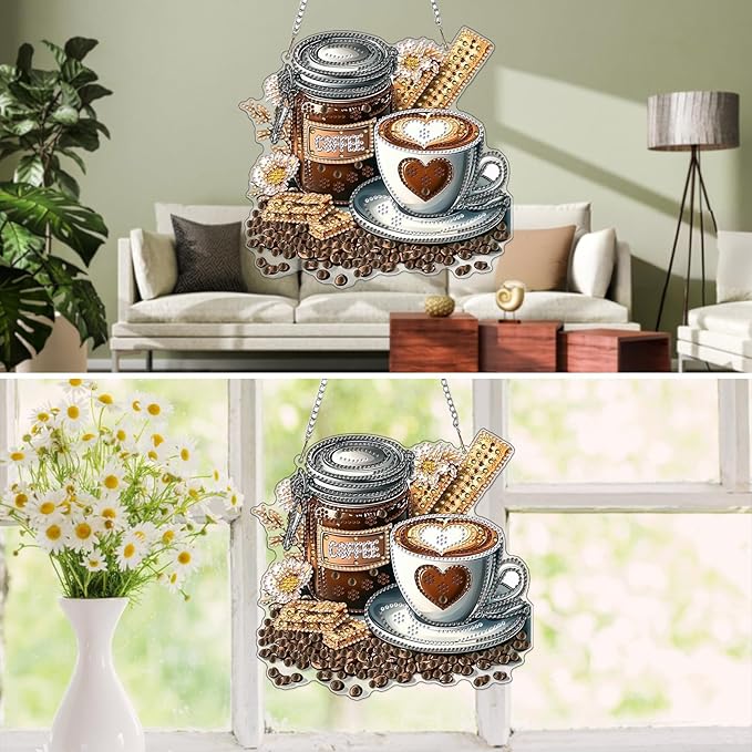 MXJSUA Coffee Special Shaped Hanging Diamond Painting Art Kits for Adults, Crystal Rhinestone Acrylic Gem Art Pendant Ornaments Kit for Home Decor and Gift 7.87 * 7.87 Inch