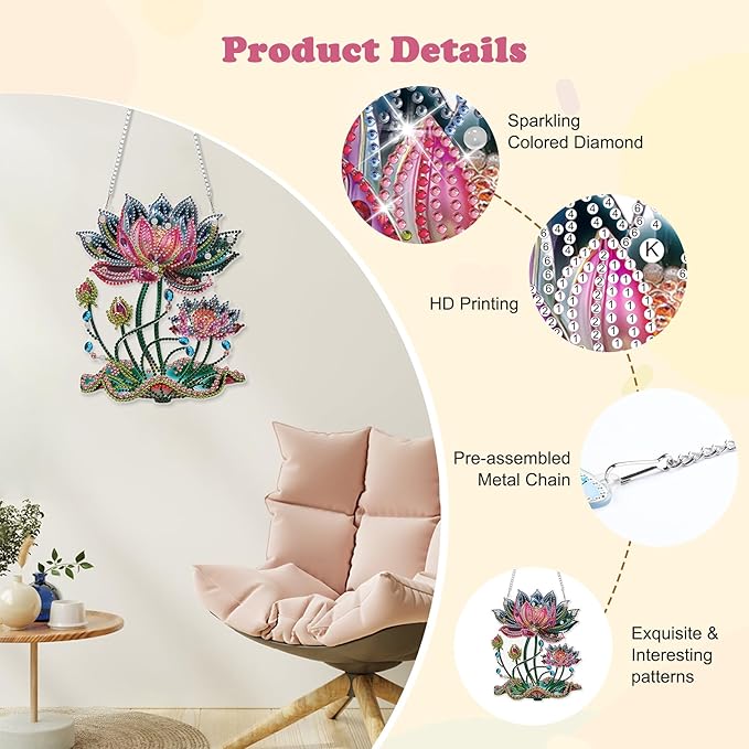 HEIBAGO Lotus Diamond Art Hanging Kits for Adults, Flower Diamond Art Suncatchers, 5D Special Shape Diamond Painting Pendant, DIY Window Ornament Gifts for Home Garden Door Wall Decor 8.3x8.3 in