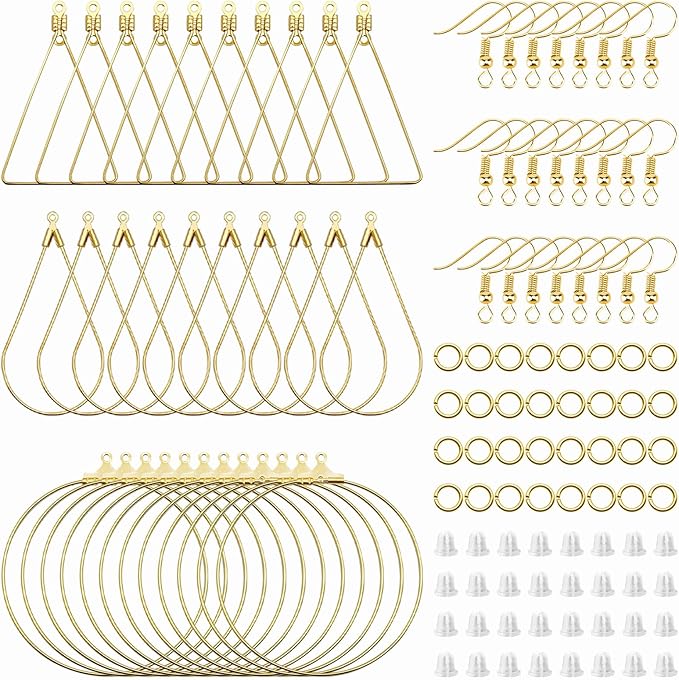 354pcs earring making kit jewelry making supplies bulk earring findings with with teardrop triangle round beading hoop,earring hooks,jump rings,earring backs for diy earring crafts(k gold)
