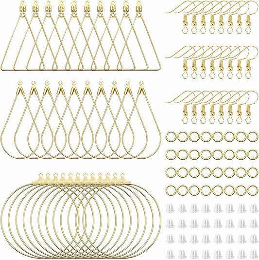354pcs earring making kit jewelry making supplies bulk earring findings with with teardrop triangle round beading hoop,earring hooks,jump rings,earring backs for diy earring crafts(k gold)