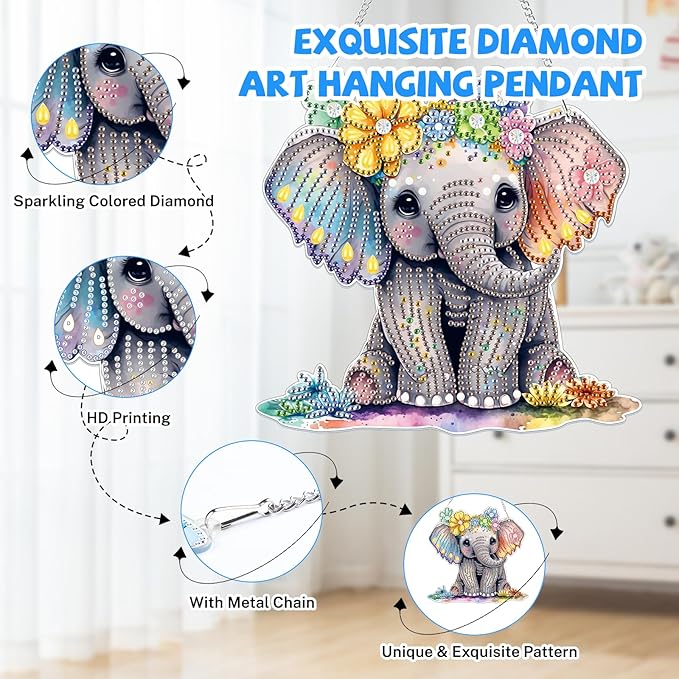 Bowetile Elephant Diamond Art Hanging Kits for Adults, 5D Special Shape Diamond Painting Pendant Kits, Animal Gem Art Suncatchers Painting Ornament for Home Garden Wall Decor
