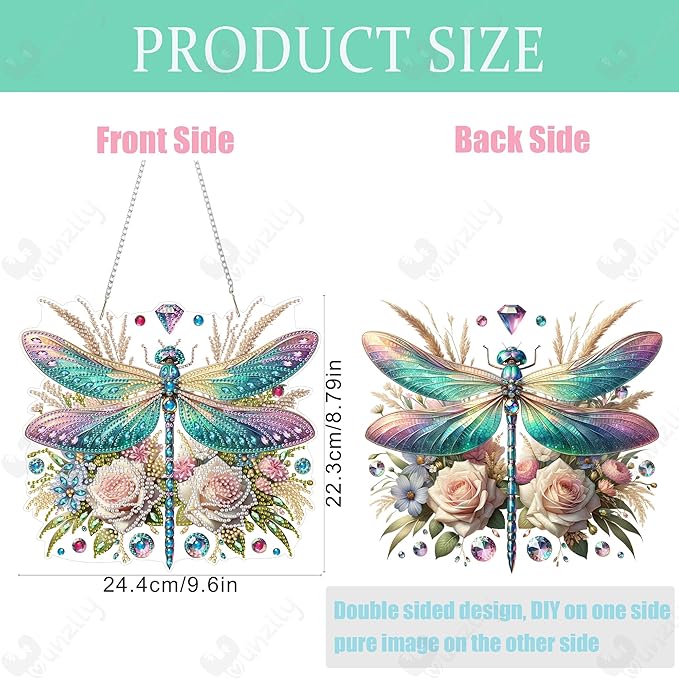 Yunzlly DIY Hanging Diamond Art Pendant Kit, Special Crystal Double Sided Diamonds Painting Ornament Kit for Adults, Acrylic Gem Painting Board for Window&Door&Wall (Dragonfly)