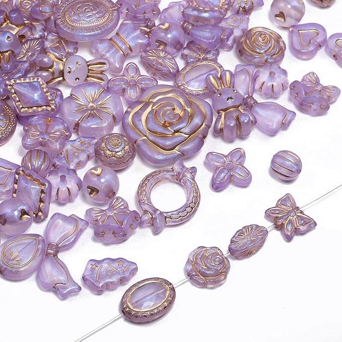 7.5 OZ Assorted Vintage Acrylic Beads for Jewelry Making, Song Xi Unique Flower Rose Czech Beads for Bracelet Earrings, Bohemia Style, Bulk, Arts and Crafts, DIY Holiday Gift (240-260 PCS, Purple)