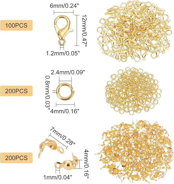 PH PandaHall 500pcs Jewelry Making Accessory Set 200pcs 4mm 21 Guage Open Jump Ring 100pcs 12x6mm Lobster Claw Clasp 200pcs 7mm Bead Tips Knot Covers for Earring Bracelet Jewelry Making, Gold