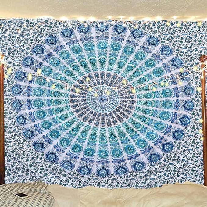bless international handmade indian hippie bohemian psychedelic peacock mandala wall hanging college dorm beach throws table cloth bedding tapestry (peacock sky blue, king(88x104inches)(225x265cms))