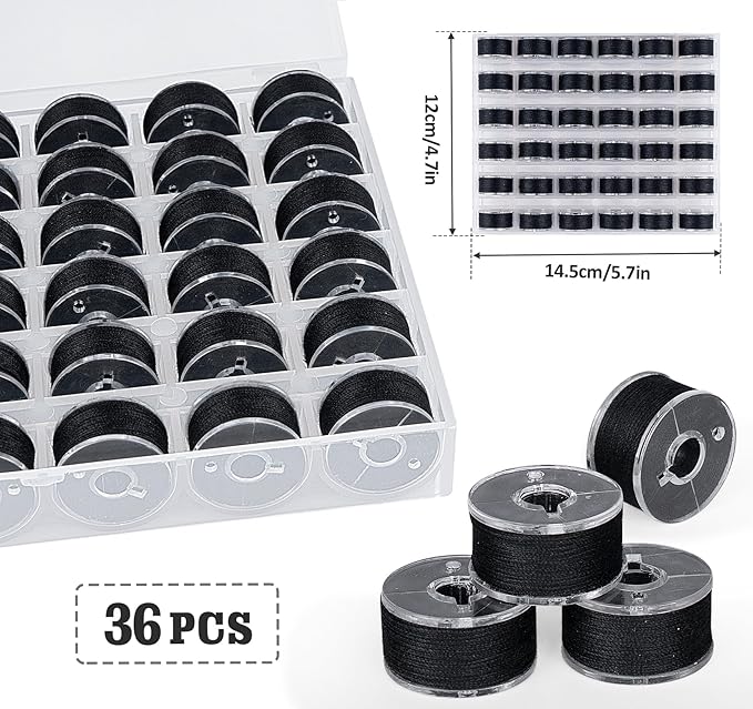 ilauke 36 pcs Black Bobbin Thread, Size A Prewound Sewing Thread Bobbins with Clear Storage Plastic Case Box Compatible with Brother Singer Embroidery BabyLock Janome Singer, 60WT