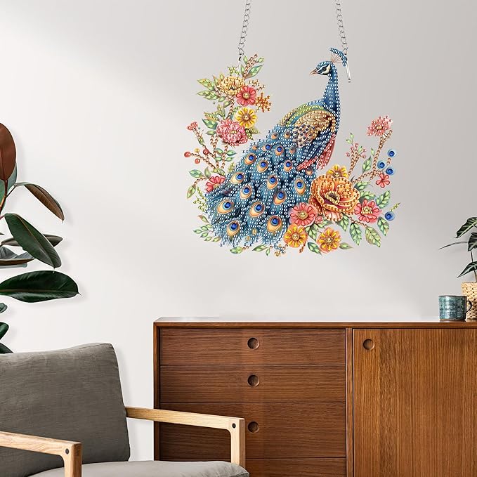 Reofrey Hanging Diamond Art Kits for Adults– 8x8Inch Peacocks Hanging Ornament Acrylic Board Double Sided Pattern Crystal Diamond Art Suncatcher Pendant, for Home Wall Window Decoration Handmade Gift