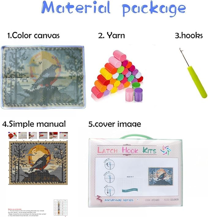 Black Raven Moon Latch Hook Rectangle Rug Kits for Adults Needle Crochet Yarn Embroidery Carpet Hook and Latch Kit Floor Mat Tapestry Christmas Home Decoration 52x38cm(9)